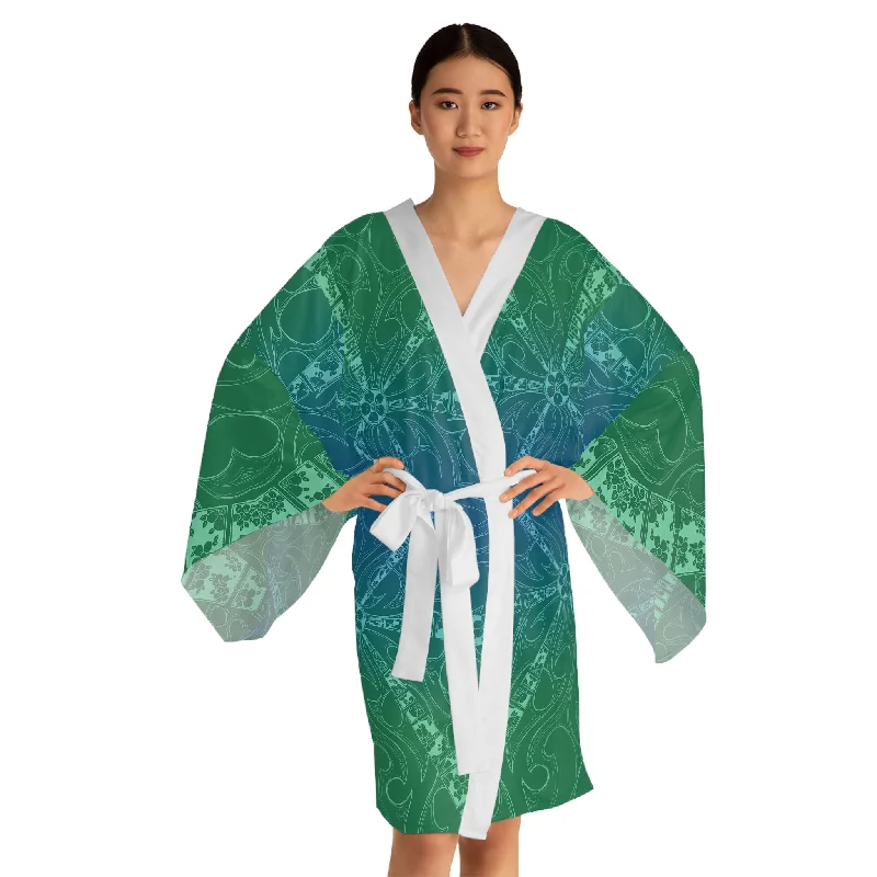 Flower Sketch Aquamarine Long Sleeve Kimono Robe (AOP)