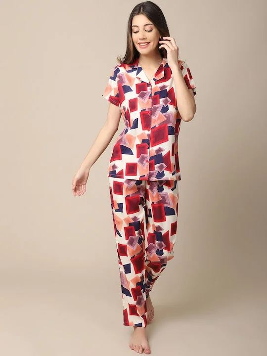 Women Red & Blue Printed Night Suit Poly Viscose Pajama Set