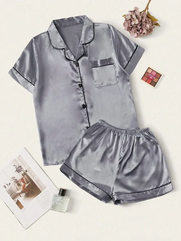 Women’s Grey Contrast Pipping Satin Short PJ Set