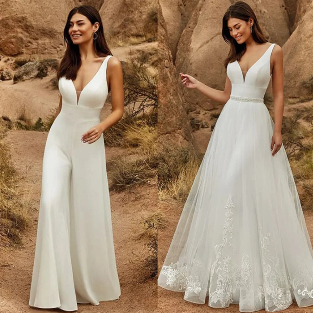 Wedding Jumpsuit With Detachable Skirt Two Pieces Bridal Dresses Pants