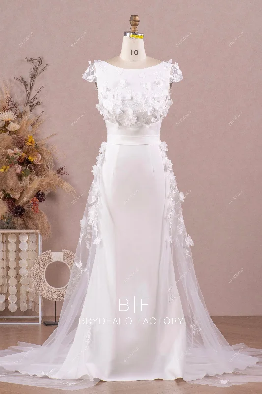 White Crepe Mermaid Bridal Dress with Romantic 3D Flowers Overskirt