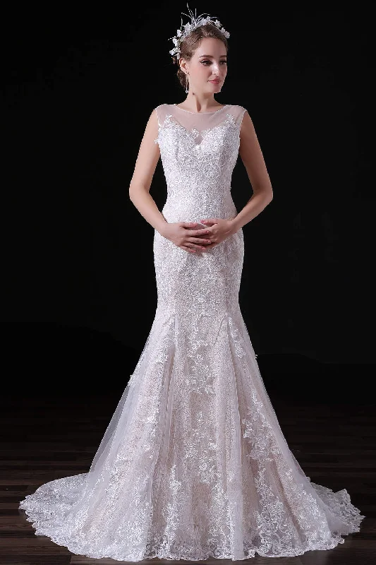 Champagne Lace Tulle Mermaid Long Wedding Dresses