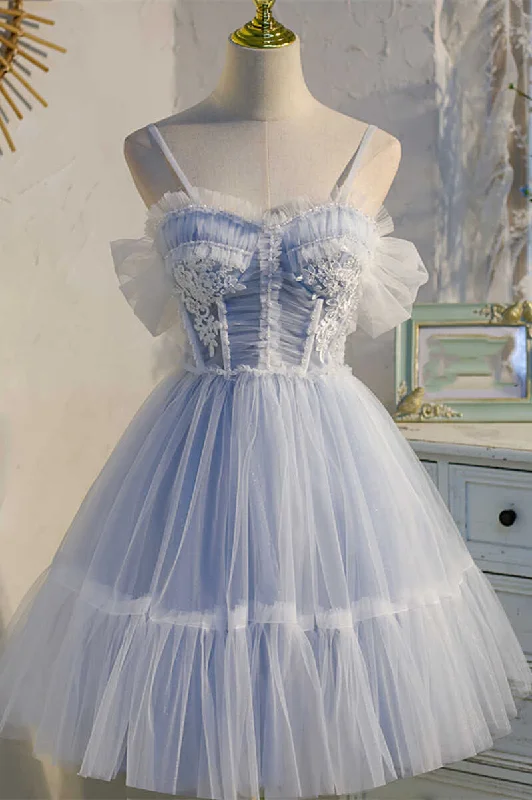 Dreamy Sky Blue Spaghetti Straps Bow-Back Short Party Dress