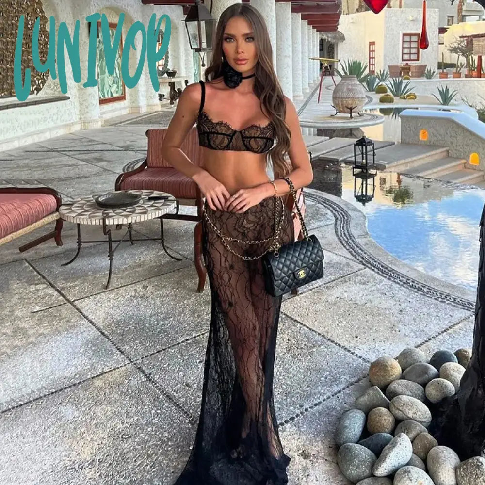 Lunivop Sexy 2 Piece Sets Crop Top And Maxi Skirt Elegant Party Evening Sheer Lace Dresses Vacation Outfits For Women