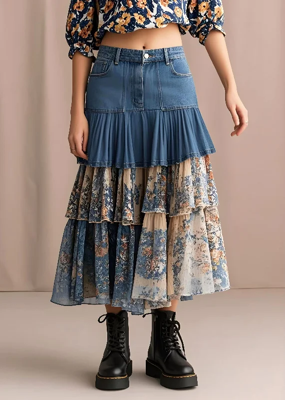 Silm Fit Navy Layered Ruffled Patchwork Print Denim Skirts Spring