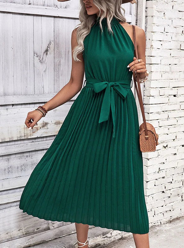 MID-LENGTH PLEATED HALTER DRESS