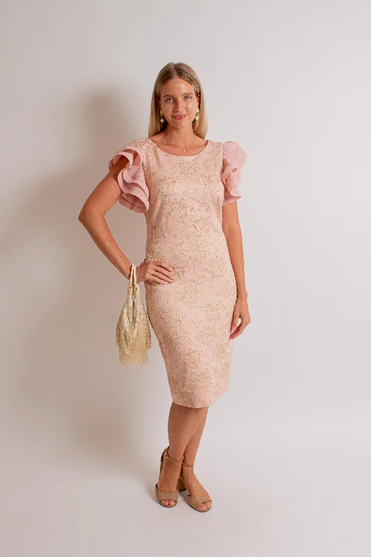 Blush/ Gold Ruffle Sleeve Dress