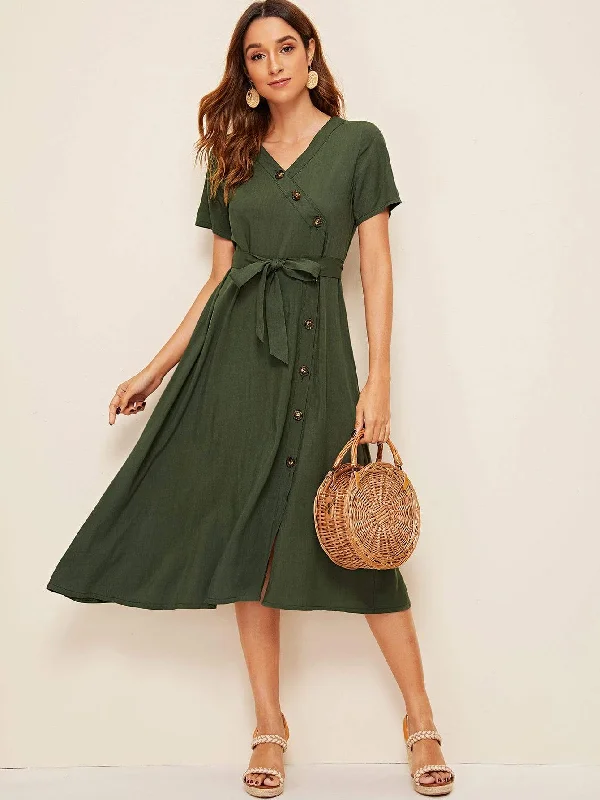 Button Front Belted Shirt Dress