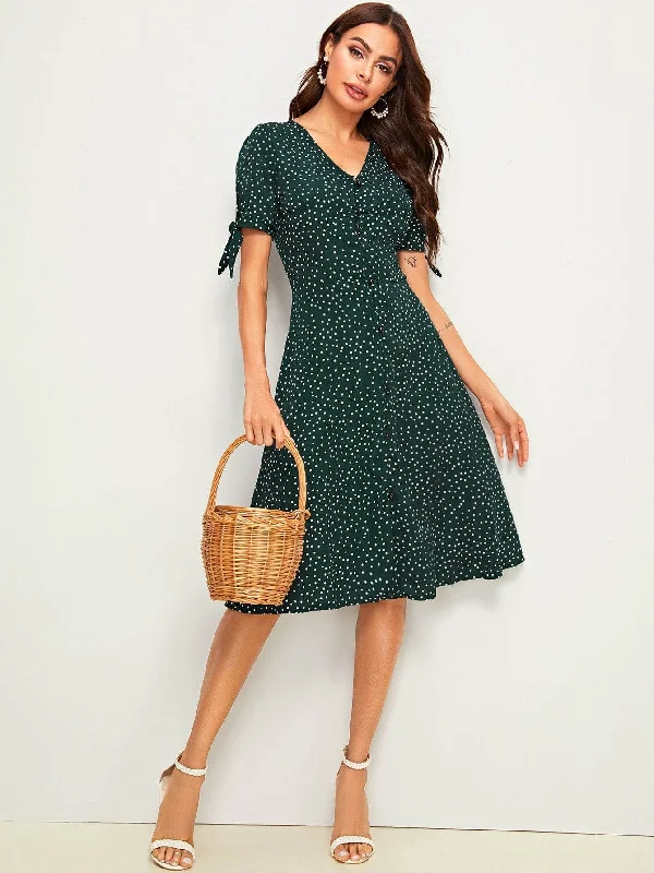 Confetti Pocket Print Knot Cuff Shirt Dress