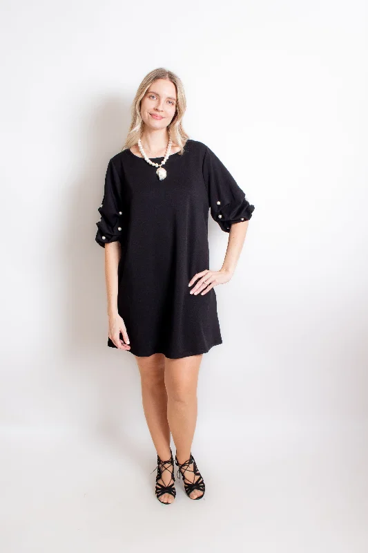 "Daffodil" Black Puff Sleeve Pearl Dress