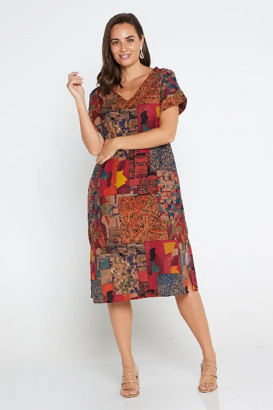 Esiteri Cotton Dress - Burgundy Collage