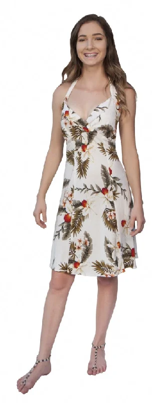 Hawaiian Orchid Hawaiian Print Halter V Neck Dress in White