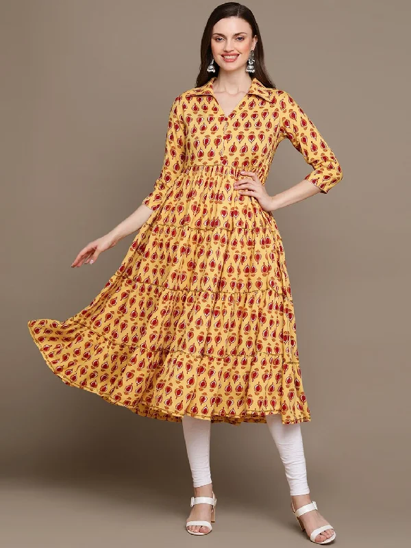 HERE&NOW Ethnic Motifs Printed Shirt Collar Pure Cotton Anarkali Kurta