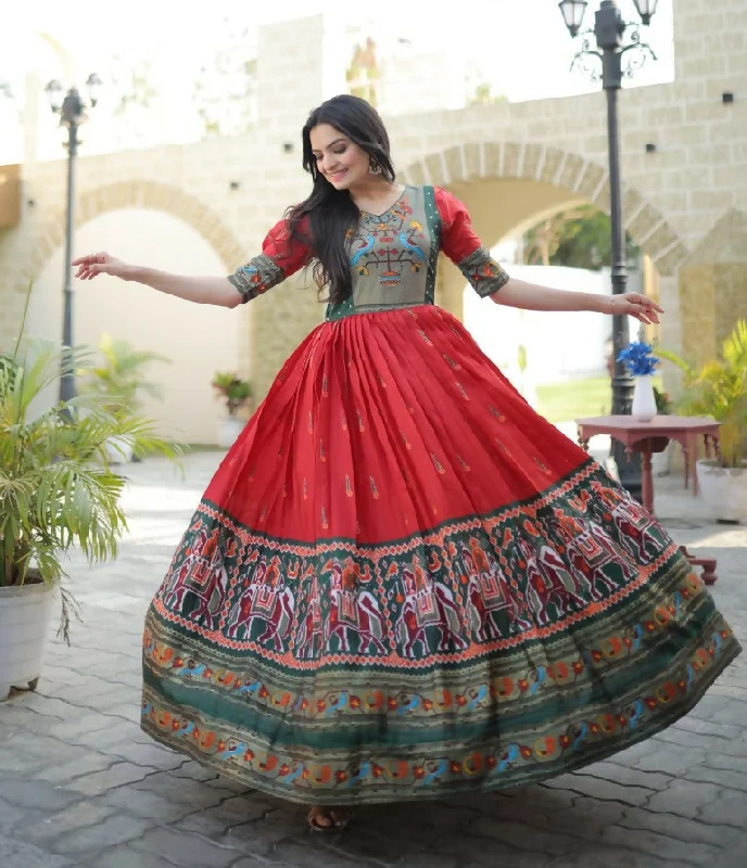 Jyoti Fashion Women's Red Patola with Foil Print Dola Silk Anarkali Dress