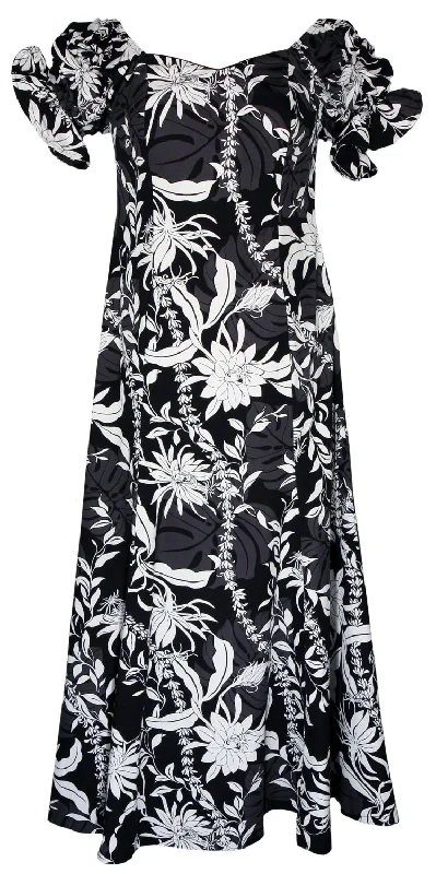 Makapuu Hawaiian Print Long Ruffled Cap Sleeve Dress in Black