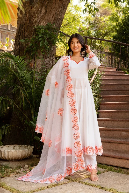 Pomcha Jaipur Gaurangi Orange Embroidery Cotton White Anarkali Set