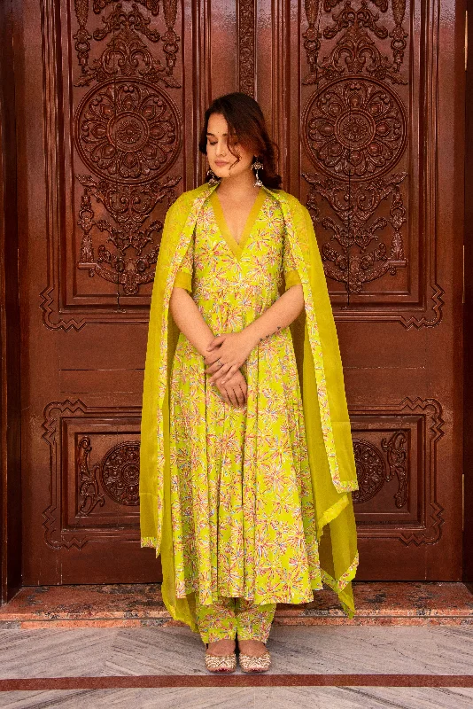 Pomcha Jaipur Kapas Green Anarkali Set