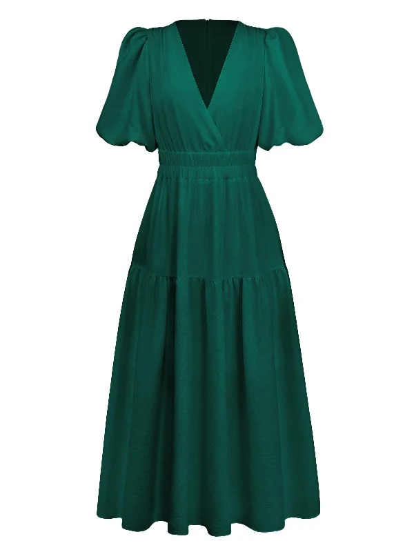 Vintage Charm Emerald Puff Sleeve Dress