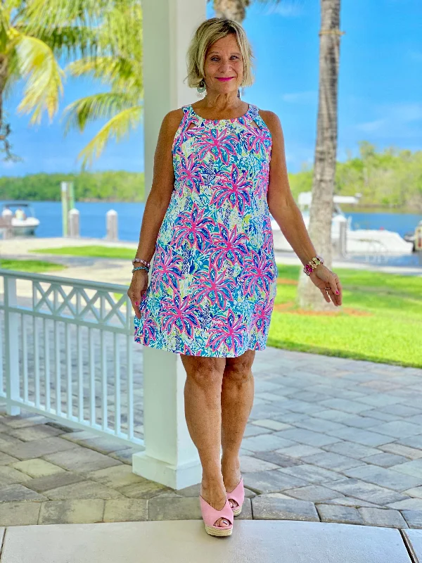 PINK PALM TREE BEACH HALTER DRESS