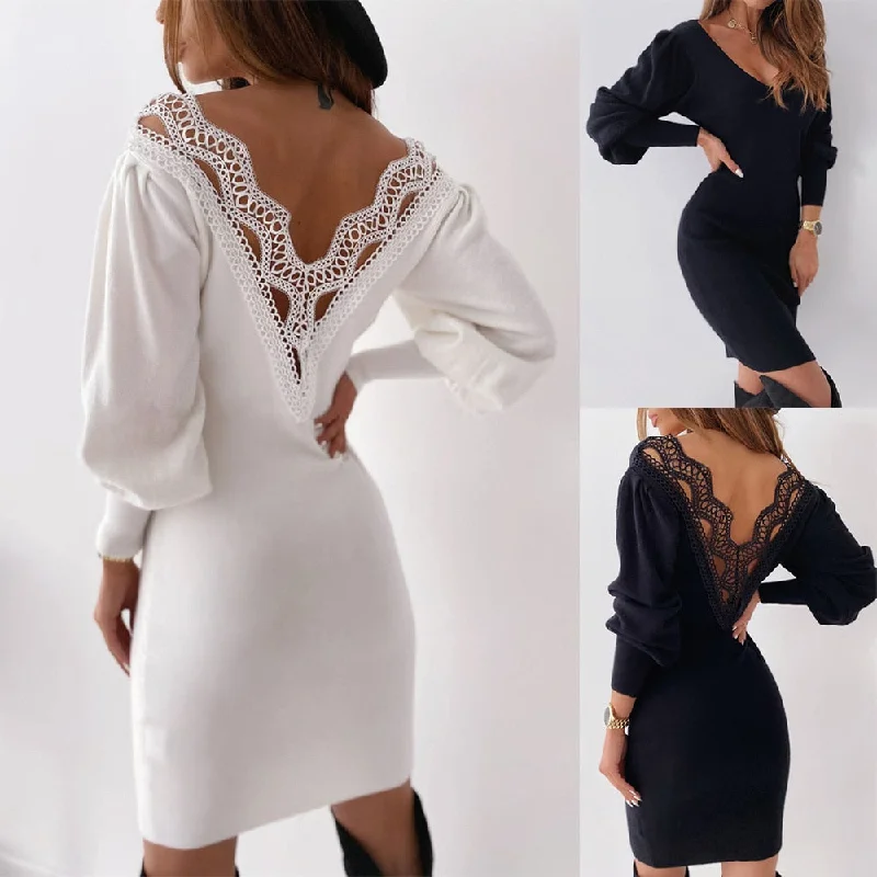 2022 Sexy Backless Lace Patchwork Women Dresses Autumn V Neck Lantern Long Sleeve Bodycon Dress Winter Slim Wrap Hip Dress Femme